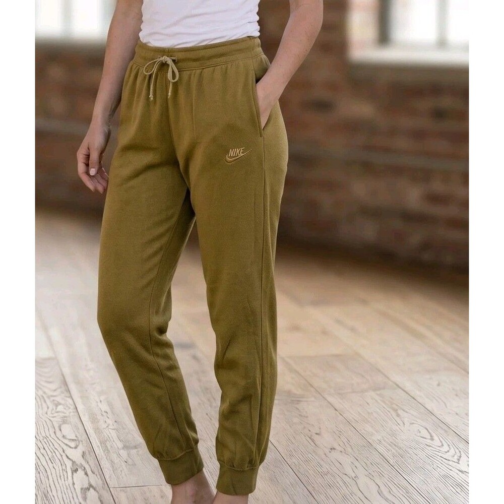 Nike Women's Joggers Size M Olive Green on Green Spellout Logo Drawstring Waist